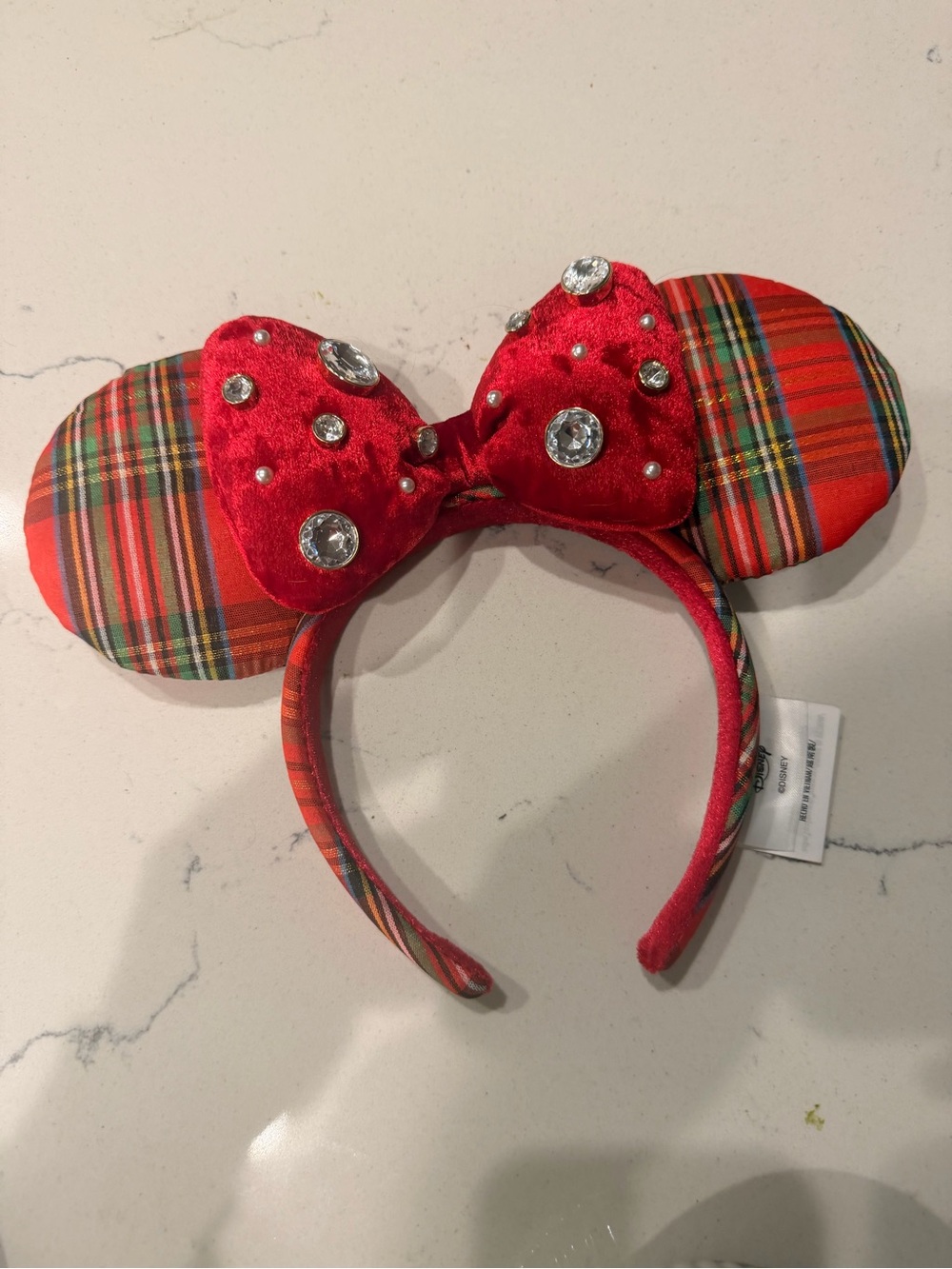 Disney Red Plaid Minnie Ear Headband with Gem-Studded Bow